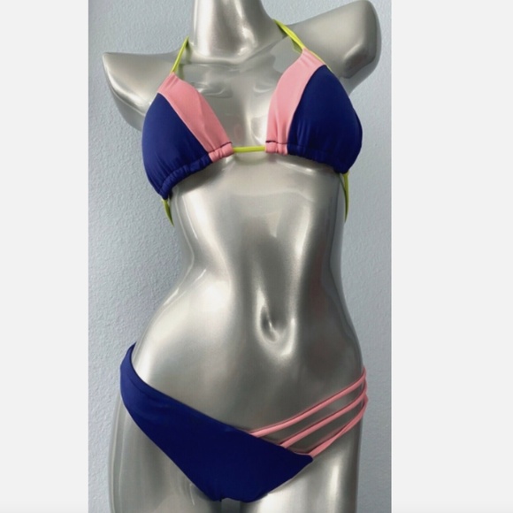 Victorias Secret Marina Blue Pink Triangle Top V Strappy Bikini Bottom Set SMALL - Picture 1 of 4